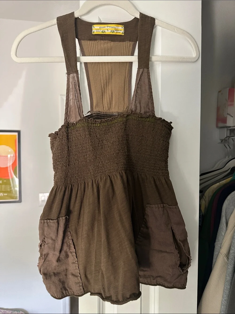 Free People Olive-Brown Smocked Pocket Tank